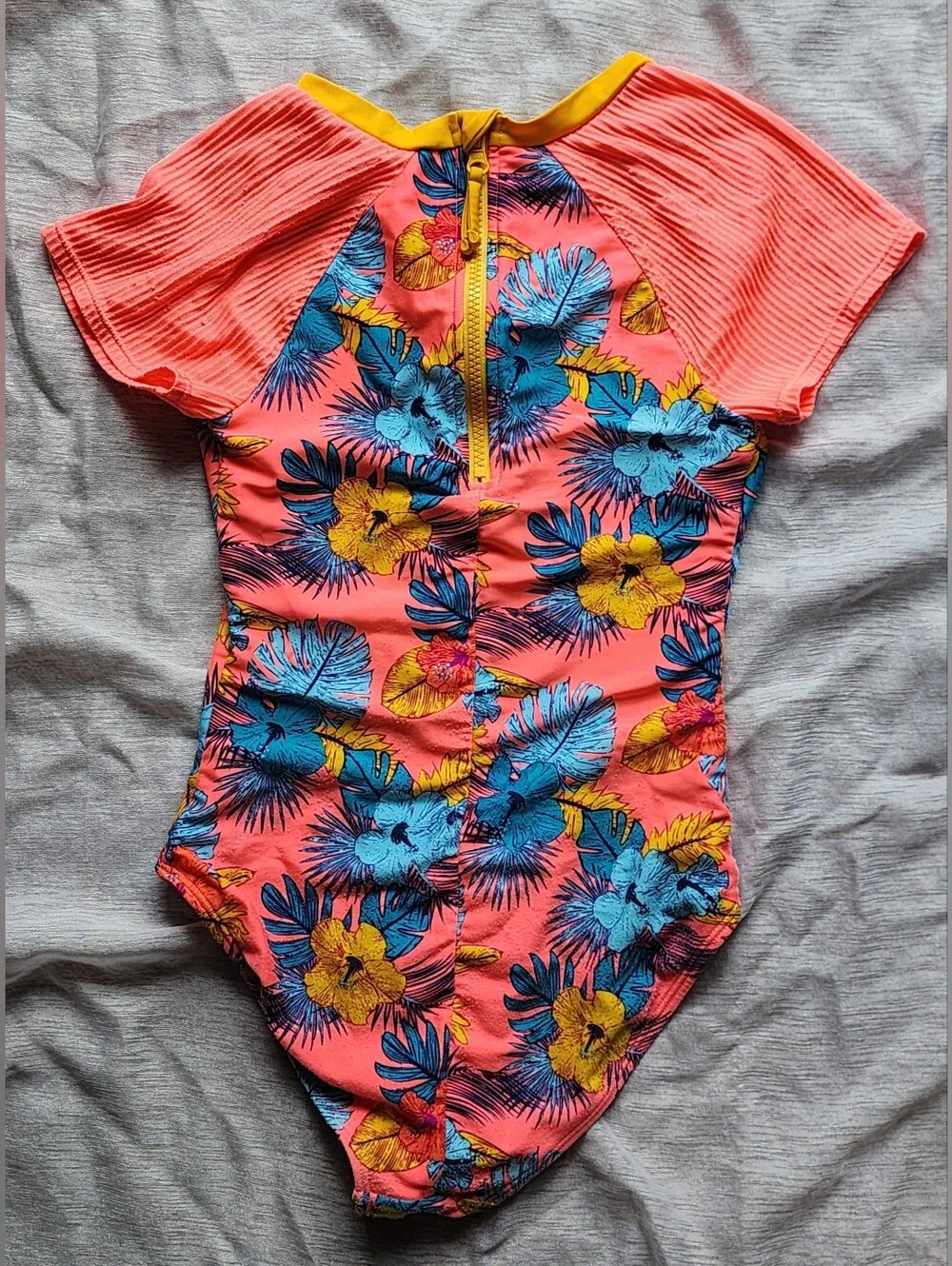 Girls Size 10-12 Swimsuit By Art Class, Bright Floral Print, Snags On Sleeves